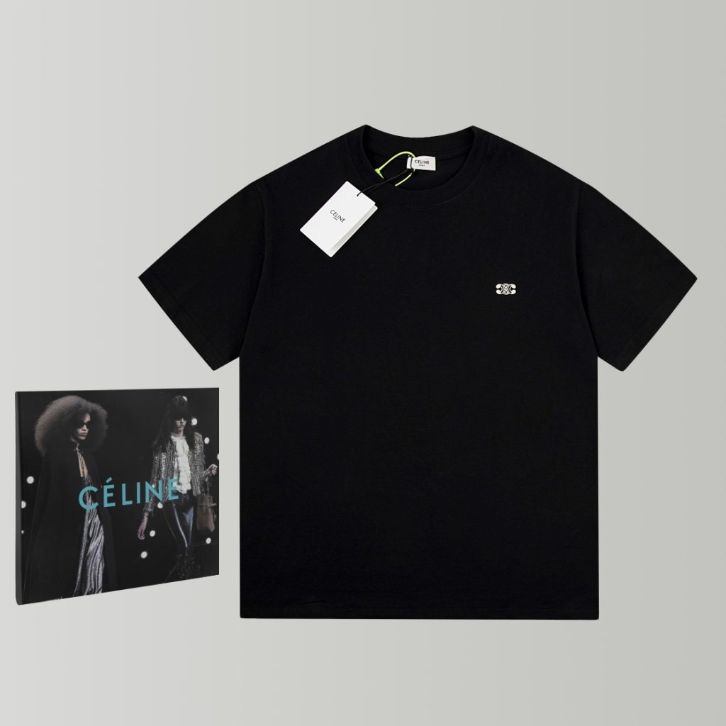CELINE(セリーヌ)2024春夏新作刺繍ロゲ黒と白のカップル モデル半袖Tシャツスーパーコピー