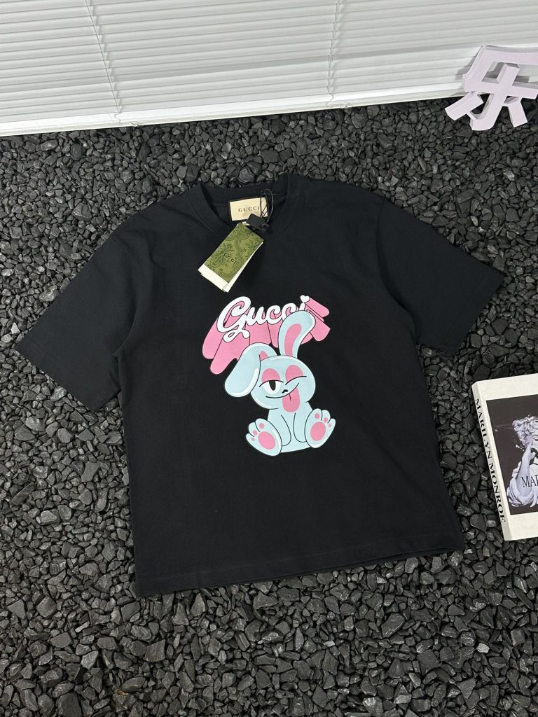 GUCCI (グッチ) n級品 芸能人 夏の新作子供の趣ピンクブルーウサギアルファベットプリント半袖