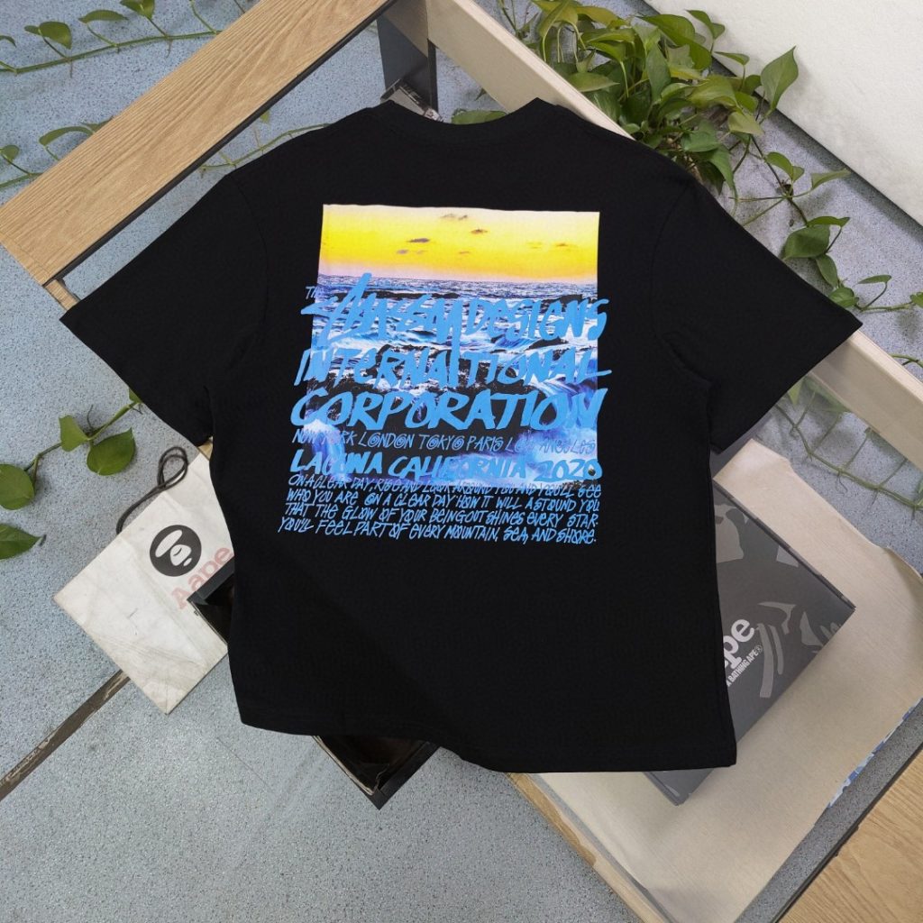 STUSSY(ステューシー） 激安販売  偽物 サンセット潮汐ロゴプリントカジュアルTシャツ