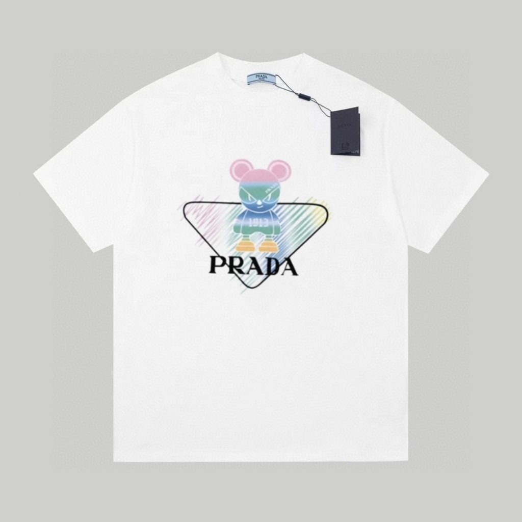 プラダ コピー 熊ちゃんロゴプリントラウンドネックカジュアルプリント半袖Tシャツ